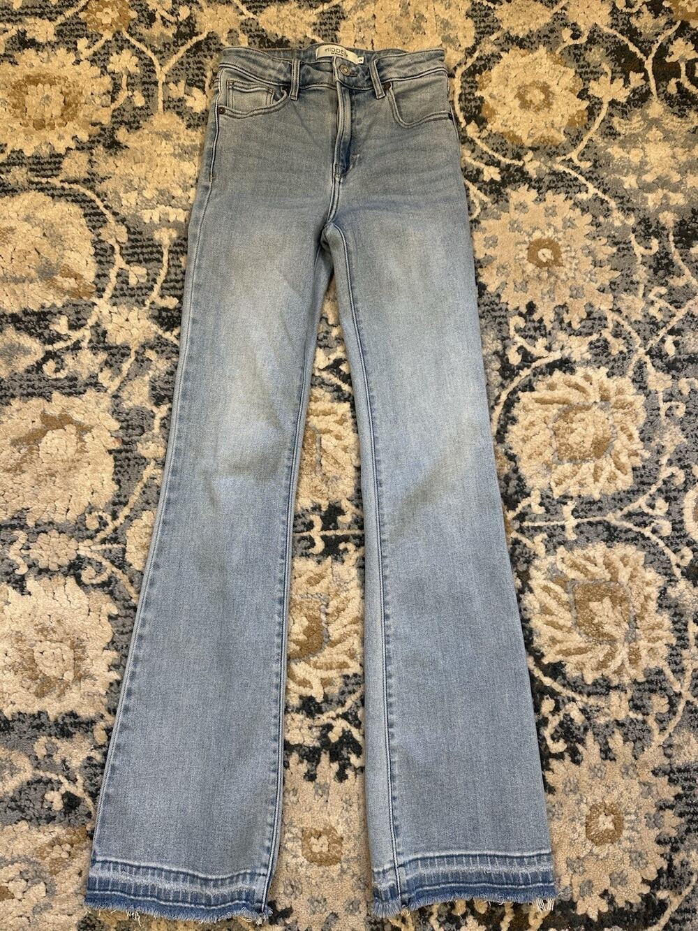 Hidden Happi High Rise Flare Jeans Size 24 Blue Light Wash Denim Stretch Raw Hem